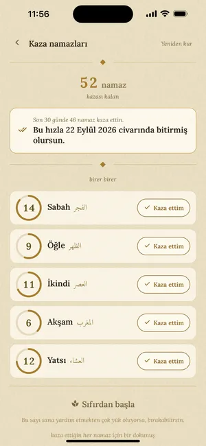 Kaza ekranı: azalan vakit başına sayaçlar, son hız ve öngörülen bitiş tarihi.